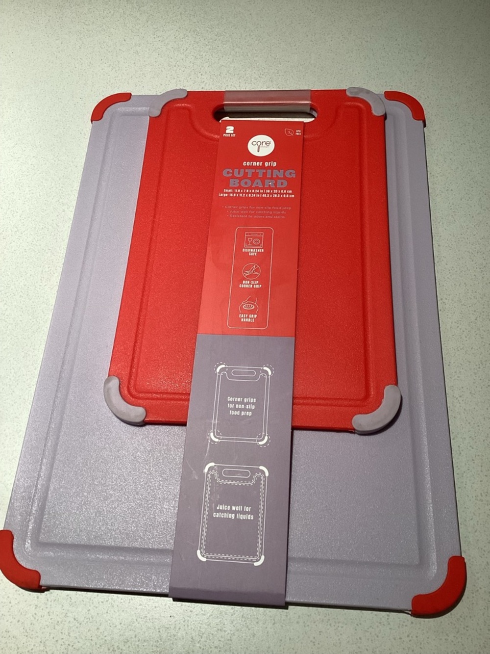 Core Kitchen Corner Grip Cutting Board 2 Piece Set New